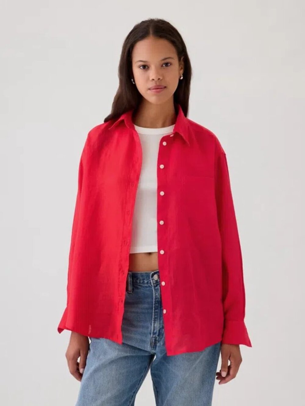 Gap Womens The Big Shirt 100% Linen Slipper Red M Petite Oversized Streetwear